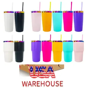 USA warehouse powder coated 30oz holographic rainbow plated car tumbler mugs cups with colored straw 2024 new style