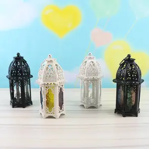 北欧摩洛哥彩色玻璃风格灯笼金属蜡烛灯架浪漫城堡铁艺婚礼装饰
