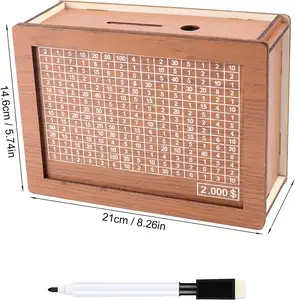 Hucha Caja de dinero de madera reutilizable con marca de objetivo de ahorro y números