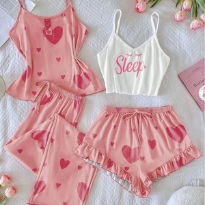 Conjunto de Pijamas Femininos de 4 Peças com Camisola e <span class=keywords><strong>Shorts</strong></span>, Roupa de Dormir de Verão com Top de Alças Duplas e Calças Sem Mangas - Product Image 1