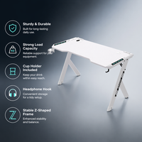 Bureau de jeu Moonki couleur blanche modèle R avec éclairage LED RGB, cadre en acier, porte-gobelet, crochet pour casque, surface en fibre de carbone, durable