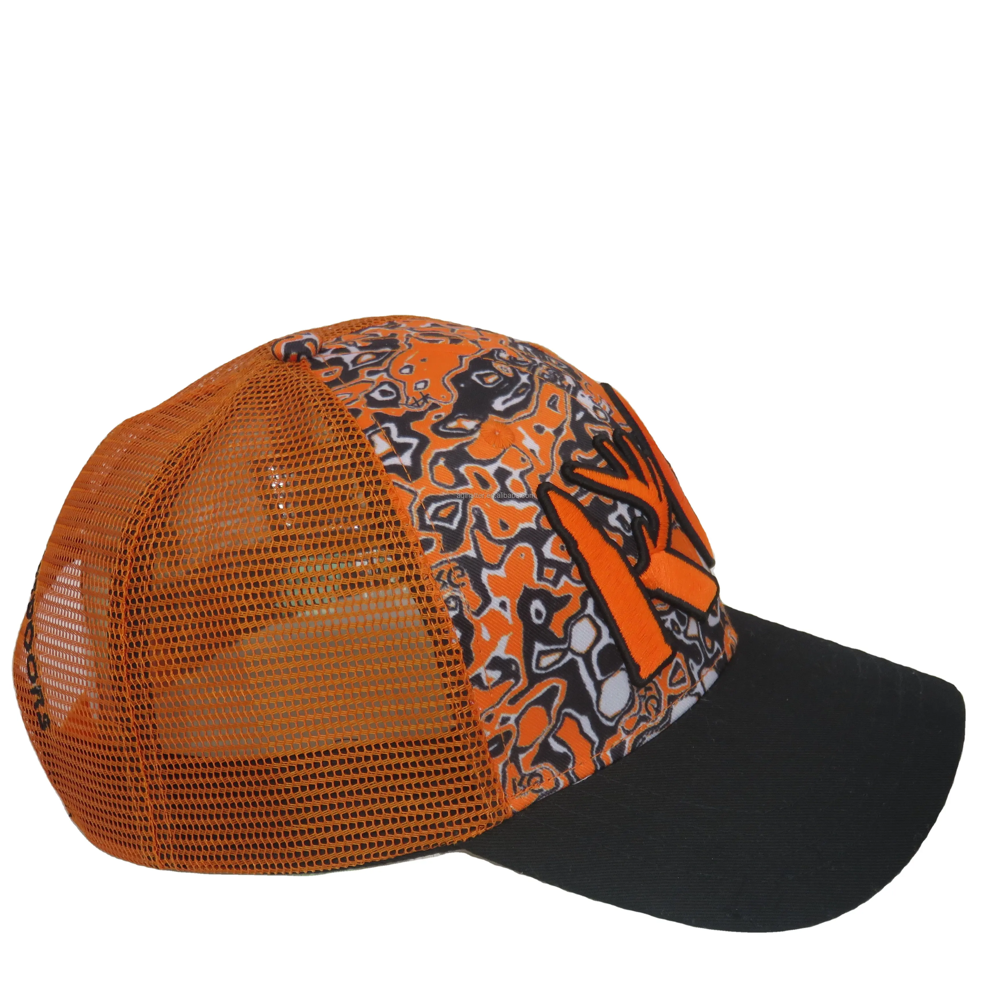 2022 Wholesale Custom Sublimation Trucker Cap Large Embroidered Orange Hunting Camo Trucker Hat 6 Panels