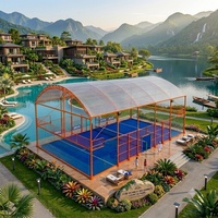 Terrain de padel modulaire abrié avec toit, protection UV et anti-pluie, structure résistante au vent de niveau 8, matériau en acier galvanisé à chaud