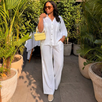Ensemble deux pièces pour femmes africaines, grande taille, coupe décontractée, chemisier blanc, manches trois-quarts, revers crantés, boutons, décontracté