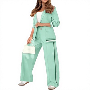 Ensemble de survêtement vert olive pour femme, manches trois quarts, coupe ample, couleur unie, style décontracté avec bordure blanche, style manteau d'automne - Product Image 6