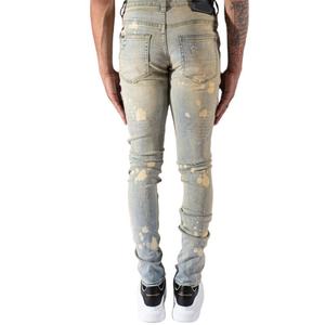 Jeans pour hommes personnalisés, style Destroyed, coupe crayon, effet adouci, coupe slim, avec trous élastiques, effet empilé, style Rock Revival, faible MOQ - Product Image 2
