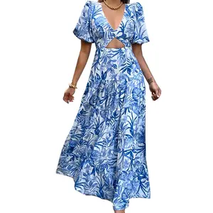 2022 moda scollo a V tagliato Backless Lady Causal Wear Casual Bubble Sleeve Dresses donna elegante abito da spiaggia bohemien a pieghe