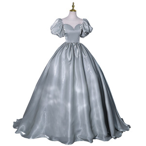 Grey Green Puff Sleeve Ball Gown Sweetheart Neckline Empire Waist Evening Dress For Wedding Performance Host Court Style - Product Image 5