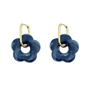 Personality Stainless Steel Dangle Earring Acrylic Resin Flower Dangle Drop Earring Gold Plated Circle Hoops Earrings