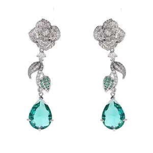 Fleevan anting-anting pernikahan panjang, perhiasan mewah elegan penuh berlian kristal bunga Moissanite berlapis emas