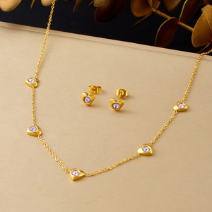 Heart-Shaped Gold Plated Jewelry <b>Set</b> With Purple Stones Stainless Steel Necklace <b>Bracelet</b> Earrings Gift <b>Set</b> - Product Image 2