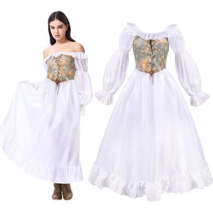 Renaissance Dress Women Off The Shoulder Corset Dress White Floral Print A Line Chiffon Costume Cosplay Princess Fairy Elf - Product Image 1