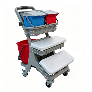 Chariot de ménage hôtelier commercial avec seaux amovibles, étagère de rangement, support à déchets et roues silencieuses - Product Image 1