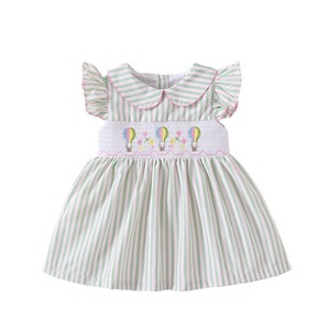 Nuovo Smocked abbigliamento per bambini Casual estate fumetto ricamato Shirring rosa <span class=keywords><strong>verde</strong></span> manica a sbuffo vestono le bambine - Product Image 1