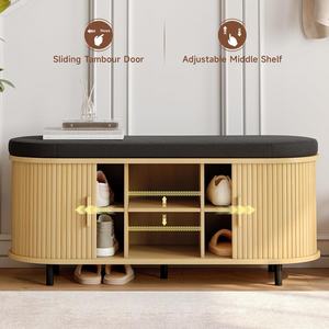 Adjustable <strong>Oak</strong> Mid-Century Modern Shoe <strong>Storage</strong> <strong>Bench</strong> with Cushion and Sliding Door for Entryway Hallway Living Room Hotel Use - Product Image 4