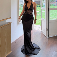 Robe longue noire en dentelle à col en V et dos nu sans manches pour femme, avec ceinture, idéale pour les soirées et les fêtes formelles – Collection été, offre spéciale