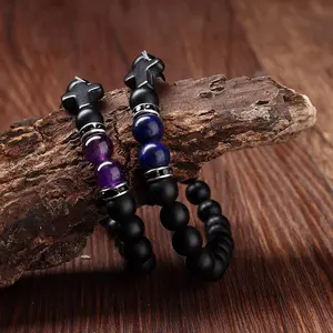 Pulseira de contas de ágata fosca preta com pedra natural 8 mm para homens e mulheres, pulseira de cristal elástico religiosa da moda