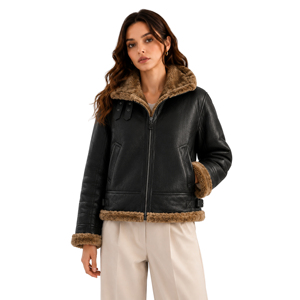 Blouson aviateur pour femme <span class=keywords><strong>en</strong></span> peau de <span class=keywords><strong>mouton</strong></span> véritable, à capuche avec garniture <span class=keywords><strong>en</strong></span> fourrure de renard, manteau de pilote premium sur mesure, vêtement d'extérieur automne fini - Product Image 1