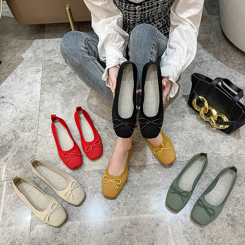 New Stretch Cloth Use Plastic Environmental Materials Flying Woven Ladies Boat Shoes Flats Women Casual Knitted Single Shoes