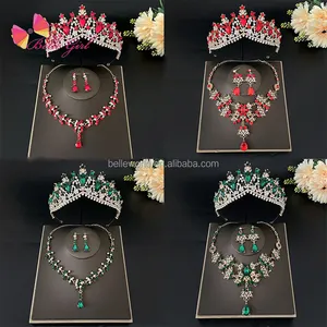 BELLEWORLD Wedding accessories pageant beauty bridal crown women 3PCS earrings and necklace jewelry tiara crown set for bouquets