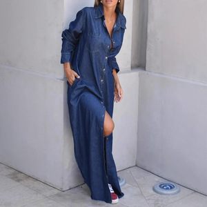 Vestido largo <span class=keywords><strong>de</strong></span> <span class=keywords><strong>mezclilla</strong></span> estilo europeo <span class=keywords><strong>con</strong></span> cuello tipo cárdigan, manga larga, holgado, ultra largo, <span class=keywords><strong>con</strong></span> abertura lateral, tipo <span class=keywords><strong>blusa</strong></span> y <span class=keywords><strong>falda</strong></span>, al por mayor. - Product Image 3