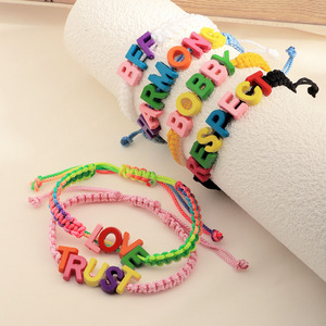 Yiwu Factory Personalized Trendy Colors Bright Acrylic Letter <strong>Large</strong> Hole <strong>Bead</strong> Handmade Weaving Unisex Party Bangles <strong>Bracelet</strong> - Product Image 1