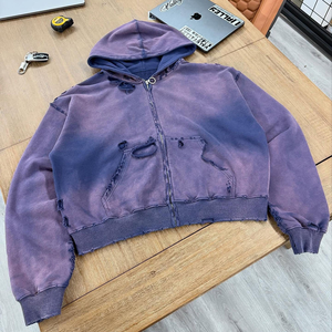 Hoodie dicuci Vintage French Terry berat desain baru Hoodie ritsleting pudar matahari robek kustom pria - Product Image 4