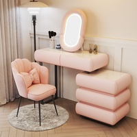 Coiffeuse en bois massif avec plateau en pierre, tiroirs intégrés et armoire éclairée, style moderne minimaliste crème, pour chambre et salon