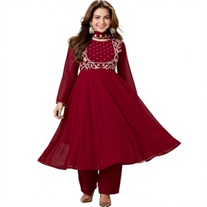 Traje Salwar Tradicional Indio-Pakistaní para Mujer, Color Granate, con Cuello Bordado, Corte Regular, Vestido Midi de Secado Rápido para Todas las Temporadas - Product Image 1