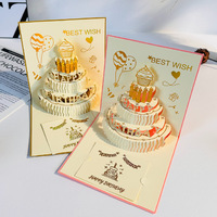 Carte de vœux 3D créative en papier style Palais Européen avec feuille d'or, bougie, gâteau d'anniversaire, lumière musicale et motif ajouré pour fête