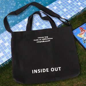 Sac fourre-tout en toile de coton noir avec bandoulière amovible et impression de slogan pour femme, idéal pour le quotidien et le shopping décontracté - Product Image 6