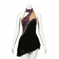 Robe de patinage artistique noire et violette à col halter, ourlet asymétrique et jupe ornée de strass pour filles et adultes, idéale pour la compétition et la performance
