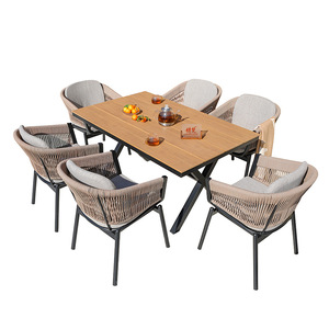 Ensemble de jardin scandinave, table et chaises en rotin d'extérieur, 6 places, structure en acier, résistant aux intempéries, meubles de patio - Product Image 1