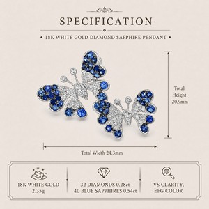 Pendentif papillon en saphir naturel, or blanc 18 carats, pavé de diamants, saphir bleu dégradé, collier, bijoux fins pour femmes - Product Image 2