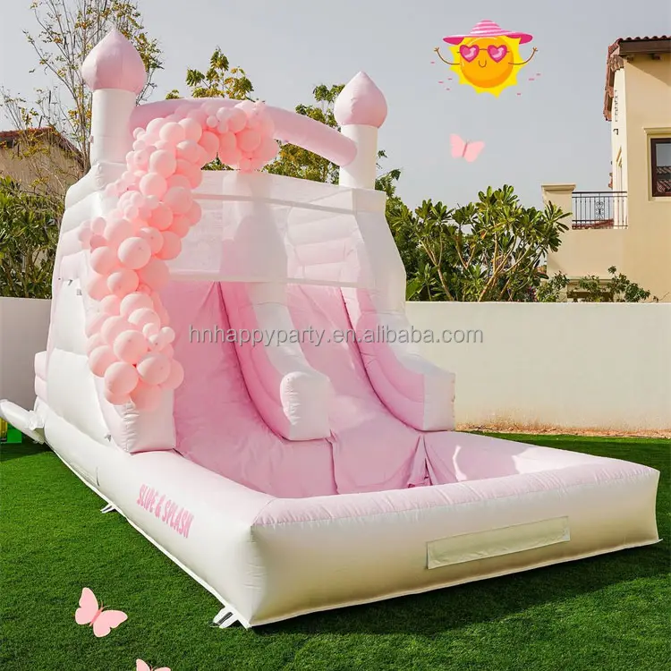 Wet dry pvc waterslide commercial pink white inflatable water slide with pool ball pit
