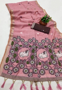 Sari en coton rose avec broderies florales et animalières Meenakari, travail traditionnel indien, vêtement pour femmes, style décontracté - Product Image 2