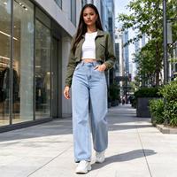 Pantalon colonne taille haute pour femme, aspect denim bleu clair délavé, pour Loggia Autumn Day Hours