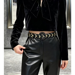 Cintura Vintage di Lusso in Pelle PU Intrecciata per Donne, Catena Metallica Dorata, Fibbia Rotonda alla Moda, Accessorio per Abiti e Cappotti - Product Image 6