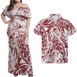 Robe de <span class=keywords><strong>soirée</strong></span> pour femmes, vêtement de Couple polynésien, imprimé Tribal rouge et blanc avec Hibiscus, nouveaux Styles de robe pour femmes, épaules dénudées - Product Image 3