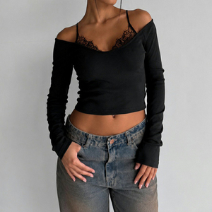 Black Breathable Solid Lace Trim <b>Crop</b> T-Shirt Women Long Sleeve Slim Fit Knit <b>Top</b> off Shoulder Casual Streetwear - Product Image 2