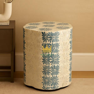 Table basse moderne en MDF à prix avantageux du Vietnam, motif floral bleu et blanc, tabouret en incrustation de capiz avec bord festonné pour la décoration de la maison - Product Image 4