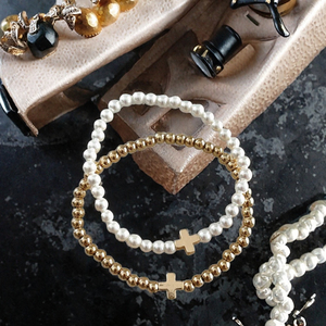 boho Cross <b>Bracelet</b> Set Gold Plated Brass and Pearl Beaded Jewelry with Bohemian Design Elegant Unisex Accessories - Product Image 3