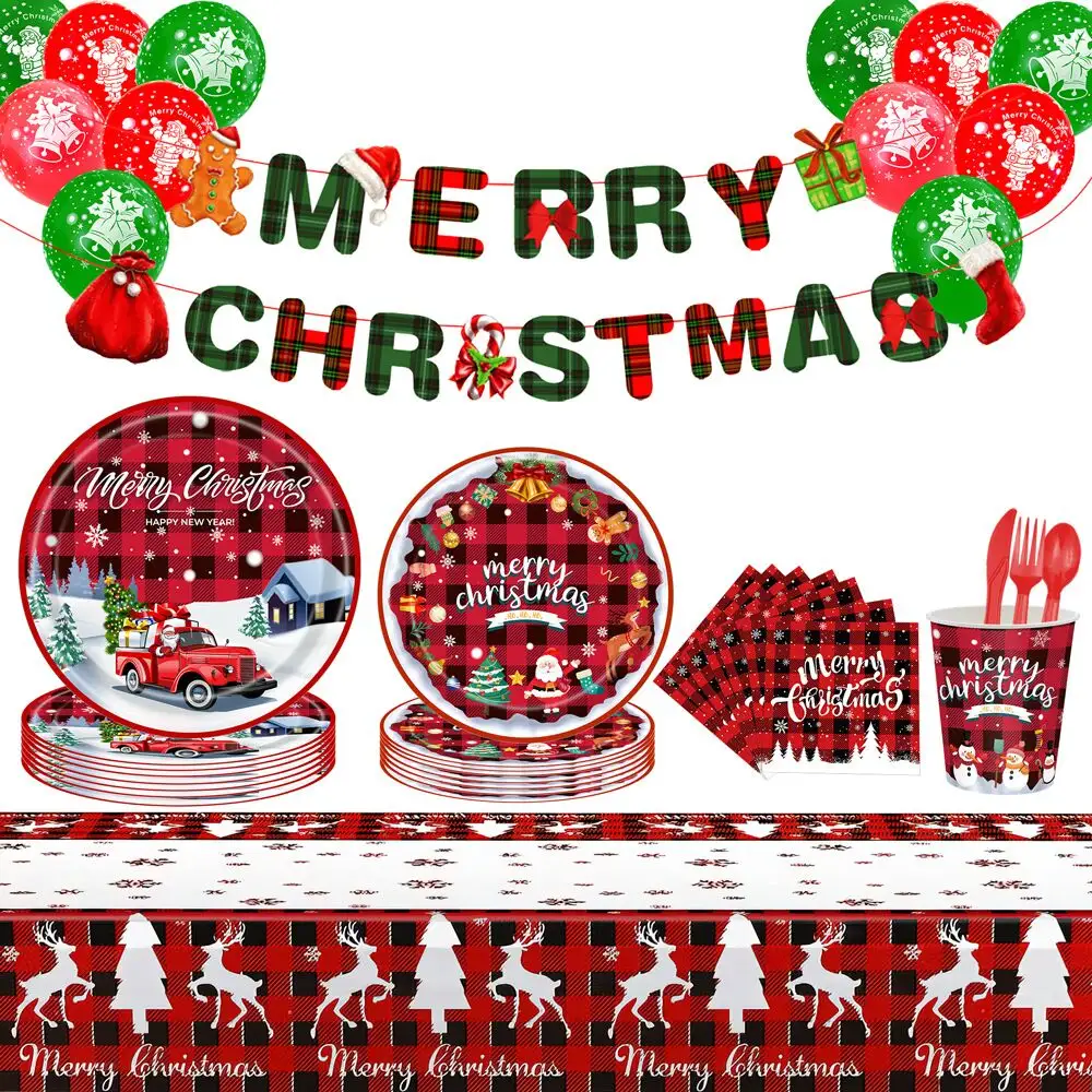 Disposable Merry Christmas Tableware Set Include Plates and Napkins Tablecloths Banners Cutlery for Christmas Party Decorations