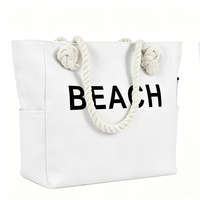 Sac de plage en toile robuste avec poignées en corde, motif lettres, poche extérieure – Grand sac de transport spacieux pour les aventures en plein air et les journées à la piscine