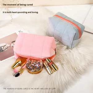 High-End Simple Plush <strong>Fluffy</strong> Makeup <strong>Bag</strong> Zipper Closure Large Capacity Convenient High-Value Plaid Toiletry Storage Cosmetic <strong>Bag</strong> - Product Image 3