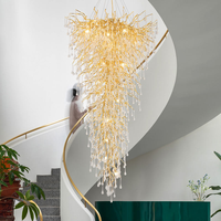 Lustre en cristal de luxe avec branches dorées, suspension en cascade en forme de goutte d'eau pour escalier, hall d'entrée, villa, hall d'hôtel et plafonds hauts