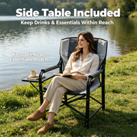 Chaise pliante de directeur avec table latérale, porte-gobelet, accoudoirs rembourrés, robuste, pour l'extérieur, le camping, la terrasse, la pêche, le jardin