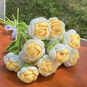 A Piece of Yellow Flower Pampas grass Valentines Day Gift Artificial Rose Flowers Handmade Knitted Flowers Table Decor