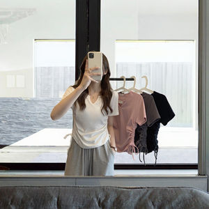 Camiseta de Manga Corta con Cuello en V y Cordón Ajustable, Diseño Moderno, Bordada, de Seda/Algodón, Estilo Puro Deseo, Ropa de Mujer, Verano 2025 - Product Image 3