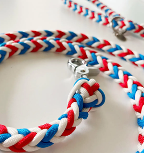 Ensemble laisse et collier pour chien tricolore <span class=keywords><strong>bleu</strong></span> blanc rouge, imperméable, résistant, pour l'entraînement et la promenade - Product Image 4